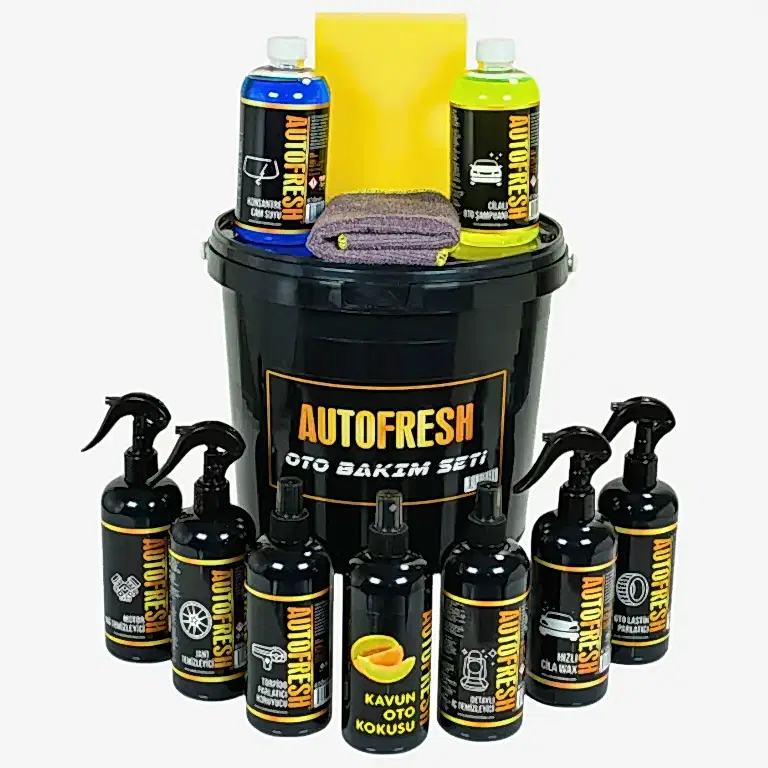 Autofresh 12'li efsane oto yıkama ve bakım seti, kovalı, araç yıkama ve temizlik için tam donanımlı oto bakım paketi.