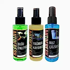 Autofresh oto bakım sprey seti, buğu önleyici, buz çözücü ve yağmur kaydırıcı spreylerden oluşan 3x125 ml set.